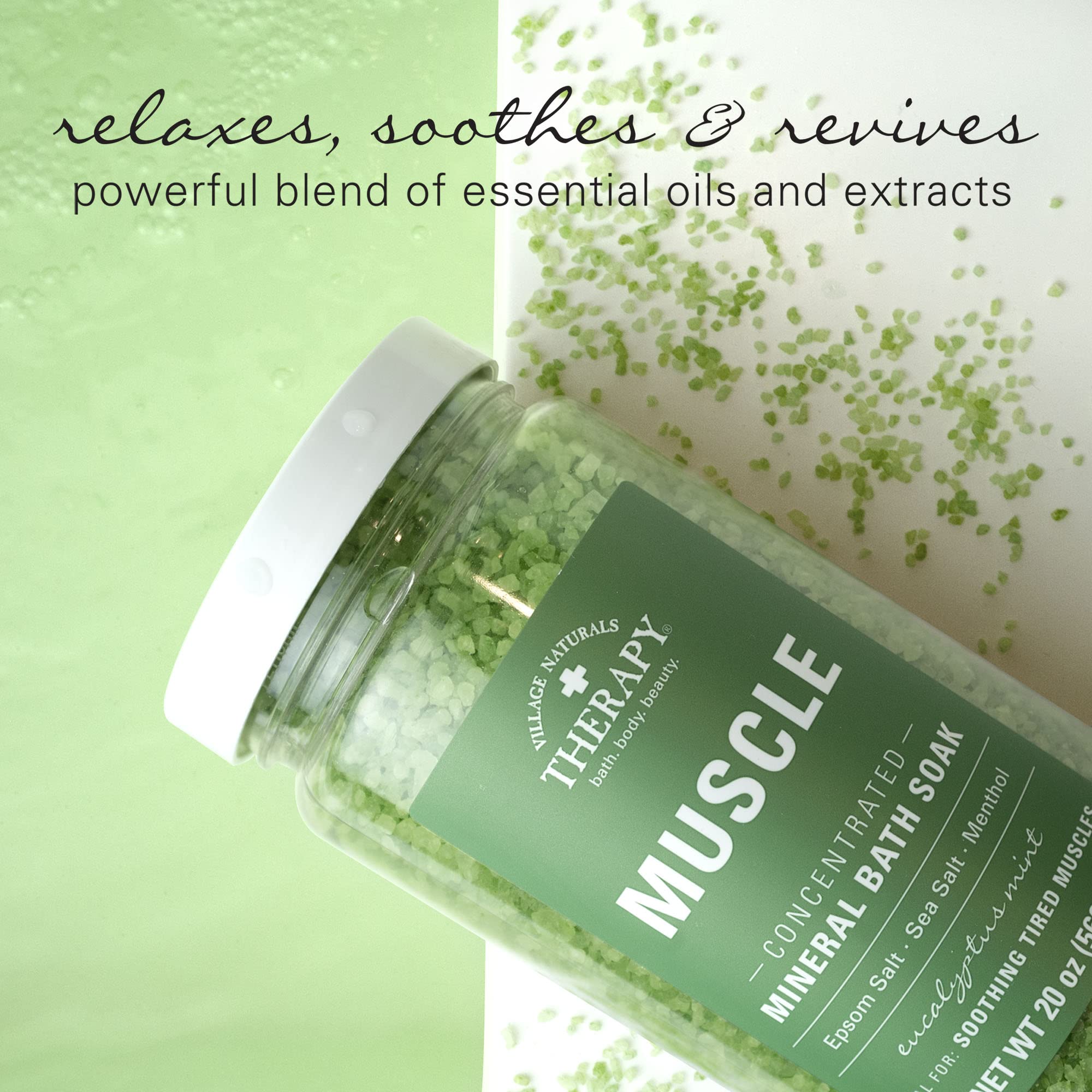 Village Naturals Therapy eucalyptus mint ingredients closeup highlights refreshing scent.