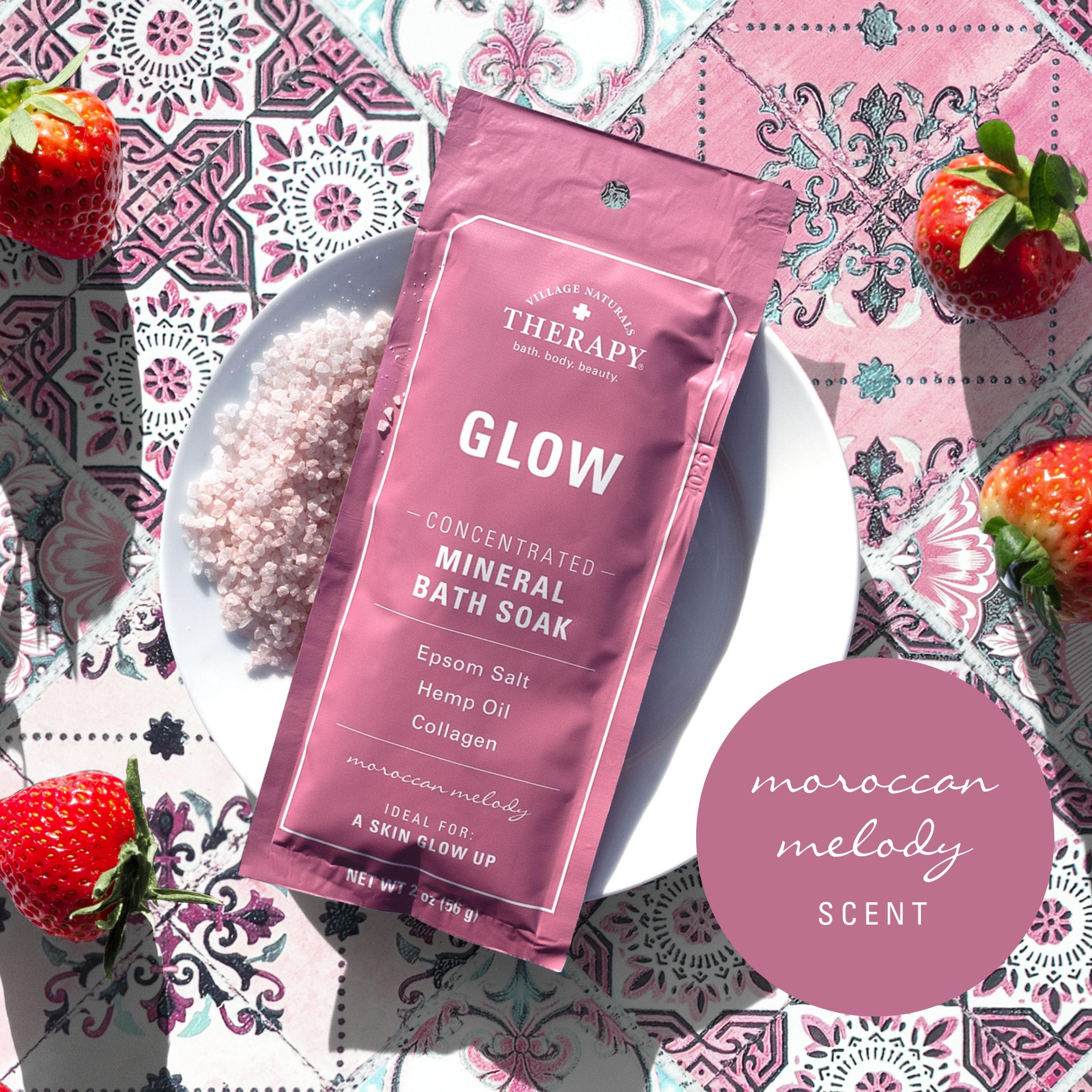 Village Naturals Therapy Glow jar-front shows 10-bath value for soothing soaks.