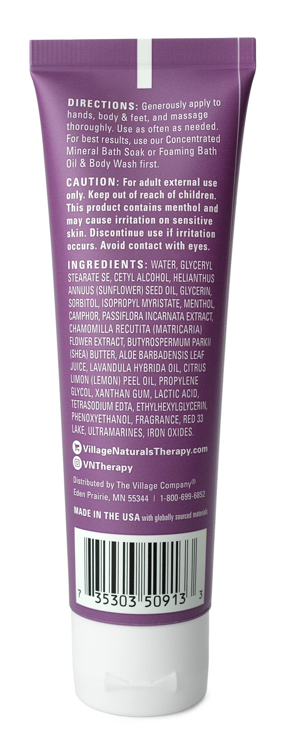 Village Naturals Therapy lavender-chamomile scent closeup for calming bedtime.