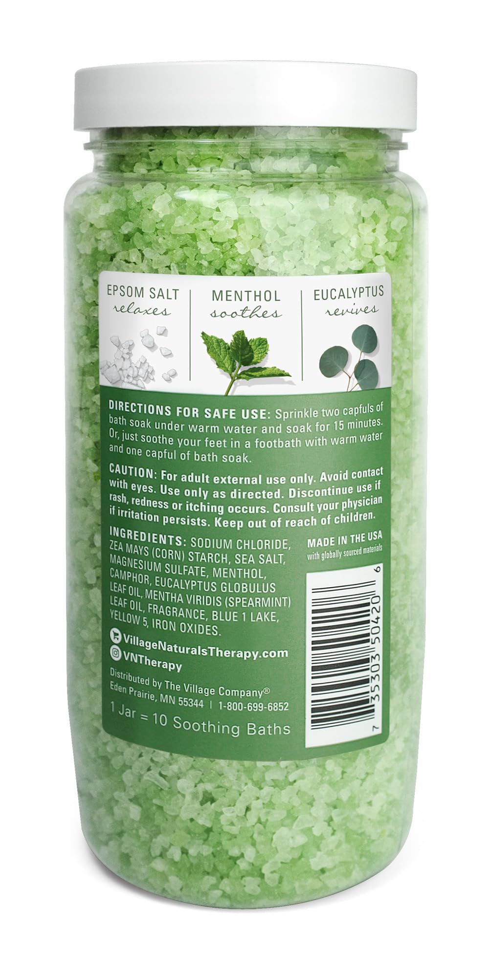 Village Naturals Therapy muscle bath soak pour shows convenient two-cap dosing.