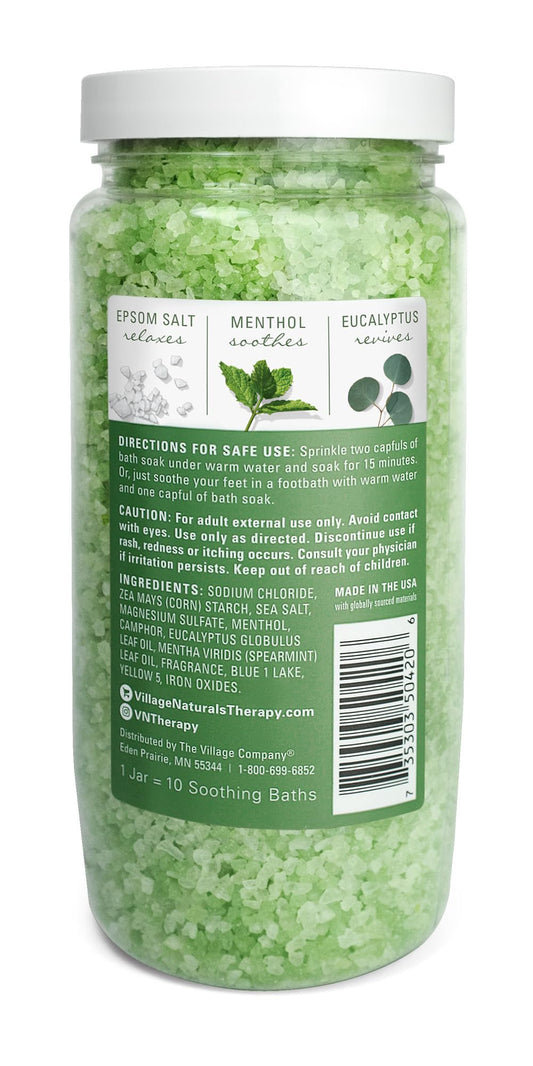 Village Naturals Therapy muscle bath soak pour shows convenient two-cap dosing.