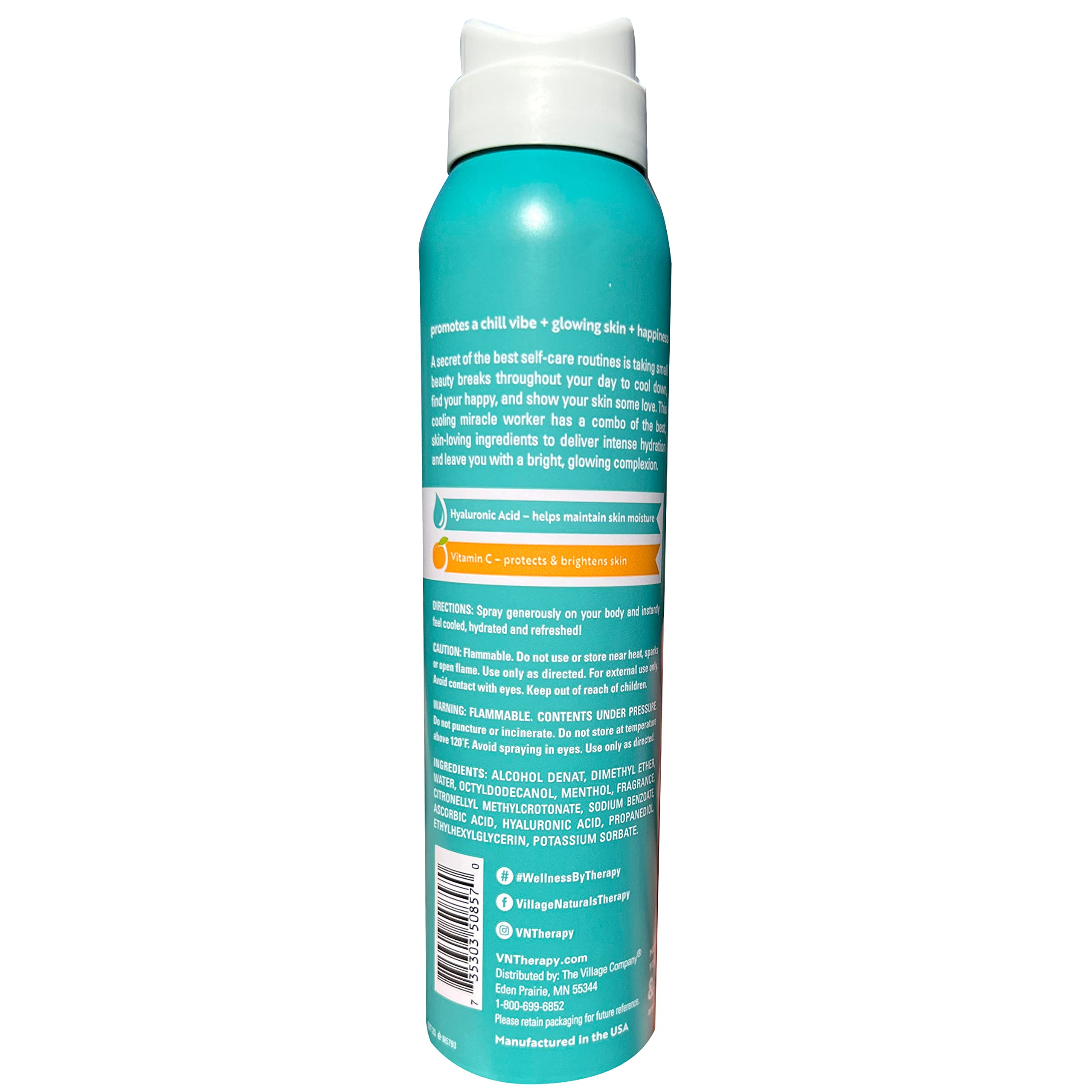 Village Naturals Therapy Vitamin C and Hyaluronic Acid spray nourishes skin.