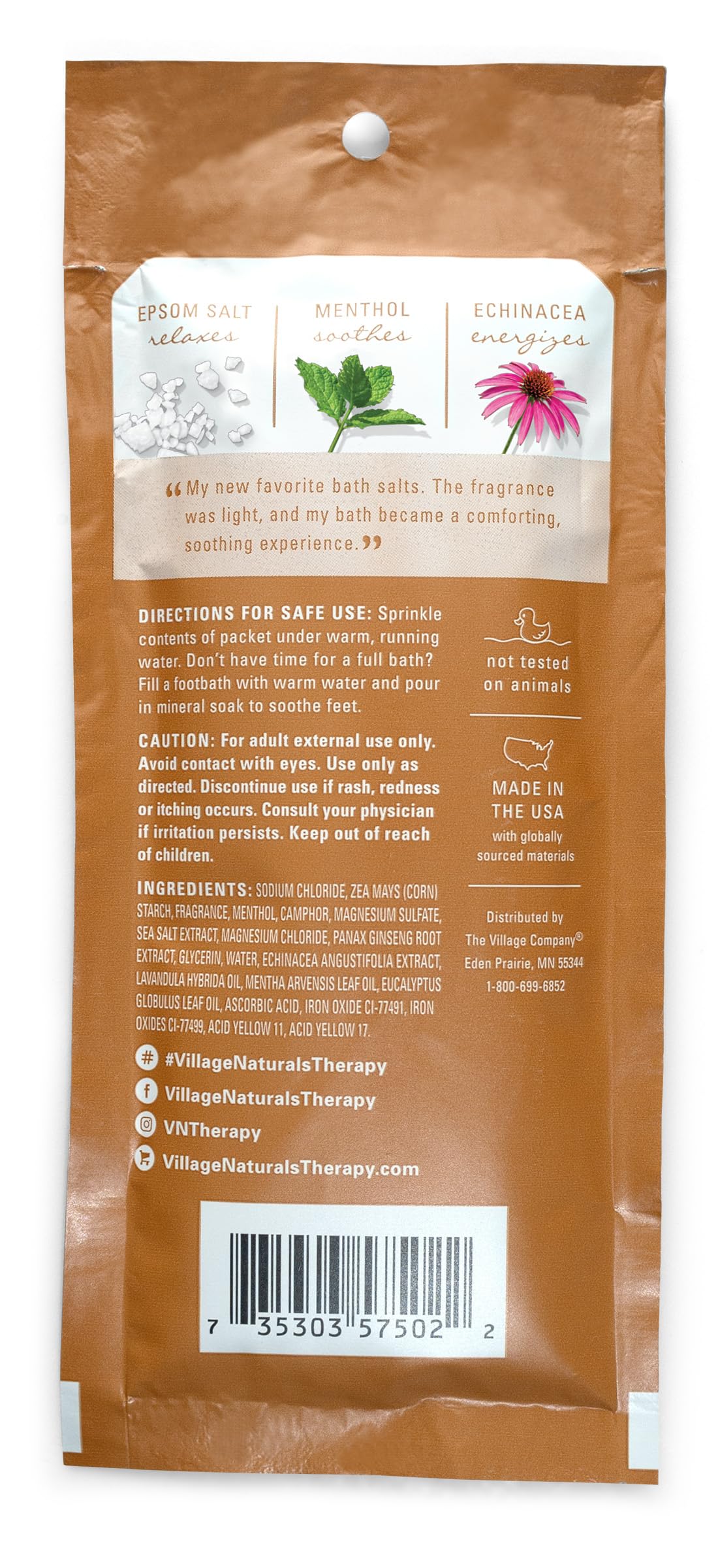Village Naturals Therapy Breathe Ginger and Echinacea ingredients close-up for revitalizing soak.