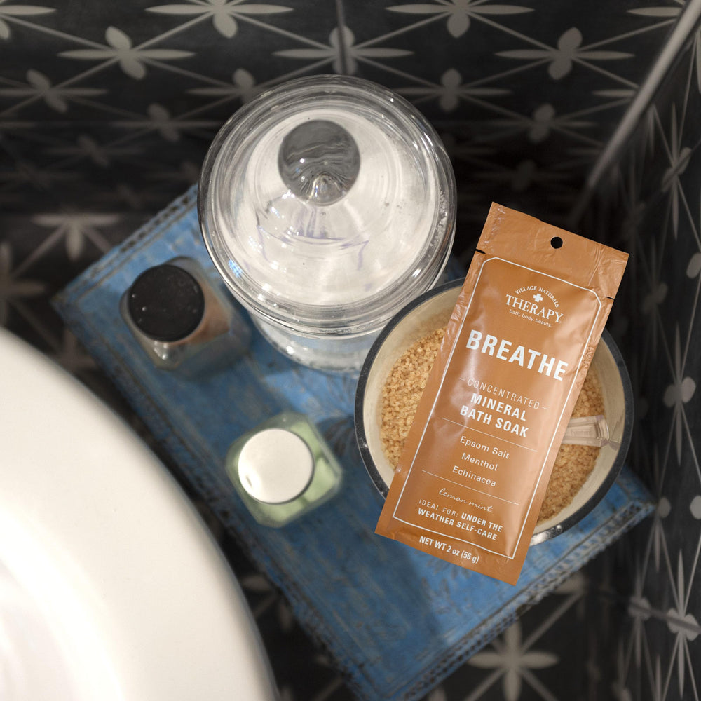 Village Naturals Therapy Breathe Sea Salt and Epsom Salt blend in soak.