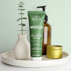 Village Naturals Therapy formula shows shea butter and aloe vera nourishes skin.
