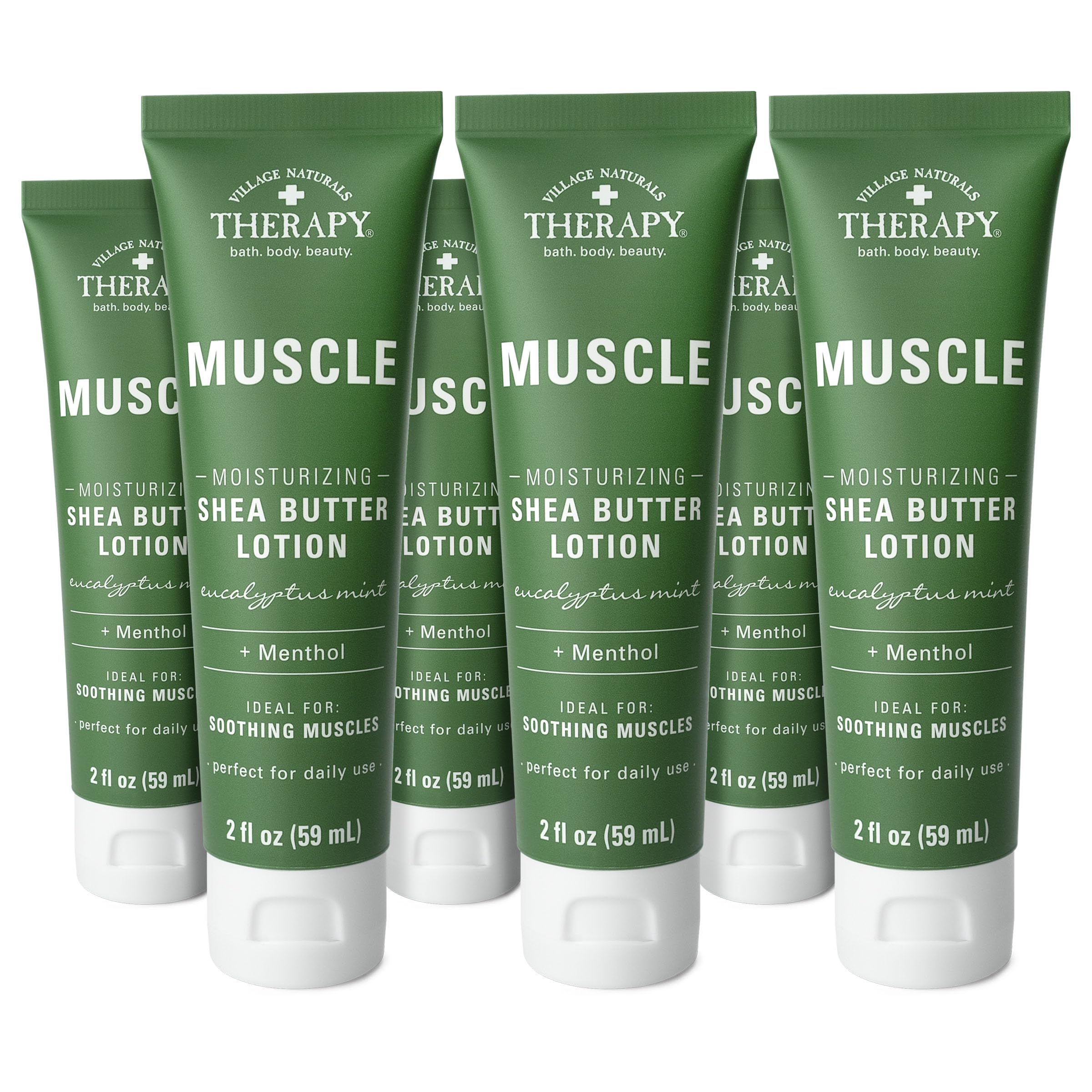 Village Naturals Therapy Muscle Shea Butter Lotion bottle with eucalyptus mint scent for soothing relief.