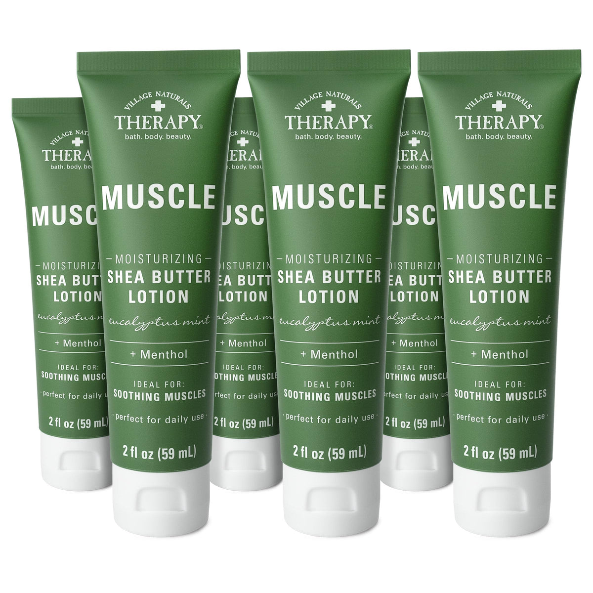 Village Naturals Therapy Muscle Shea Butter Lotion bottle with eucalyptus mint scent for soothing relief.