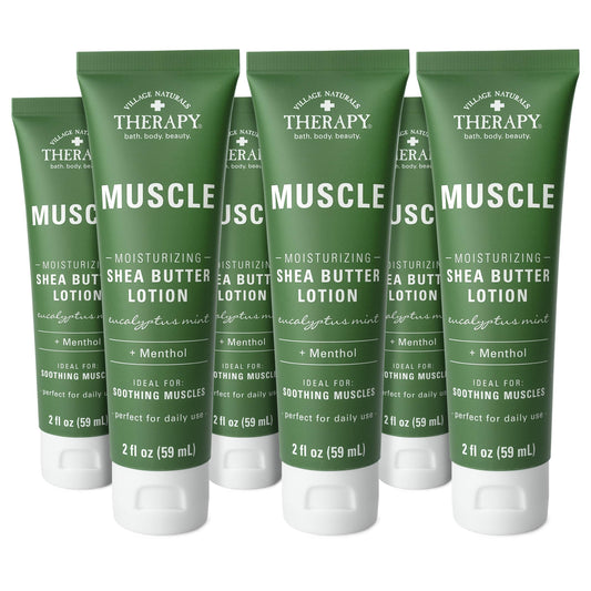 Village Naturals Therapy Muscle Shea Butter Lotion bottle with eucalyptus mint scent for soothing relief.