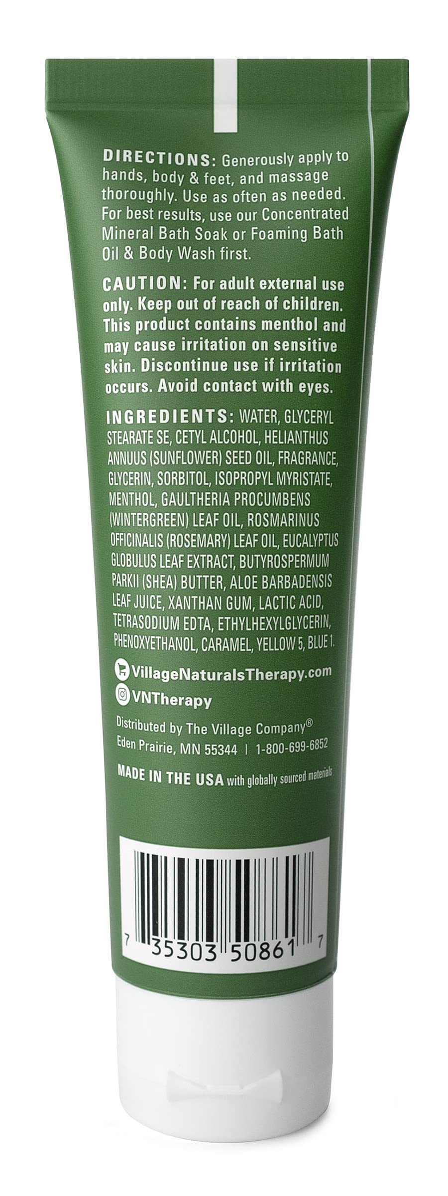 Village Naturals Therapy massage-ready lotion on sore muscles after exercise.