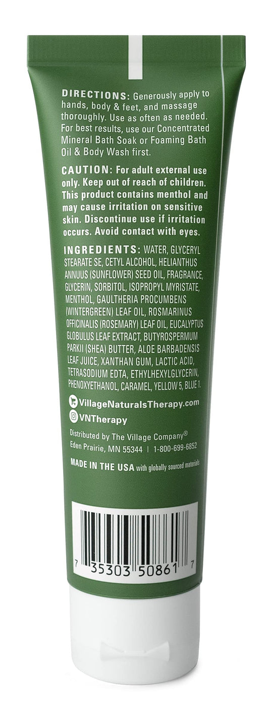 Village Naturals Therapy massage-ready lotion on sore muscles after exercise.