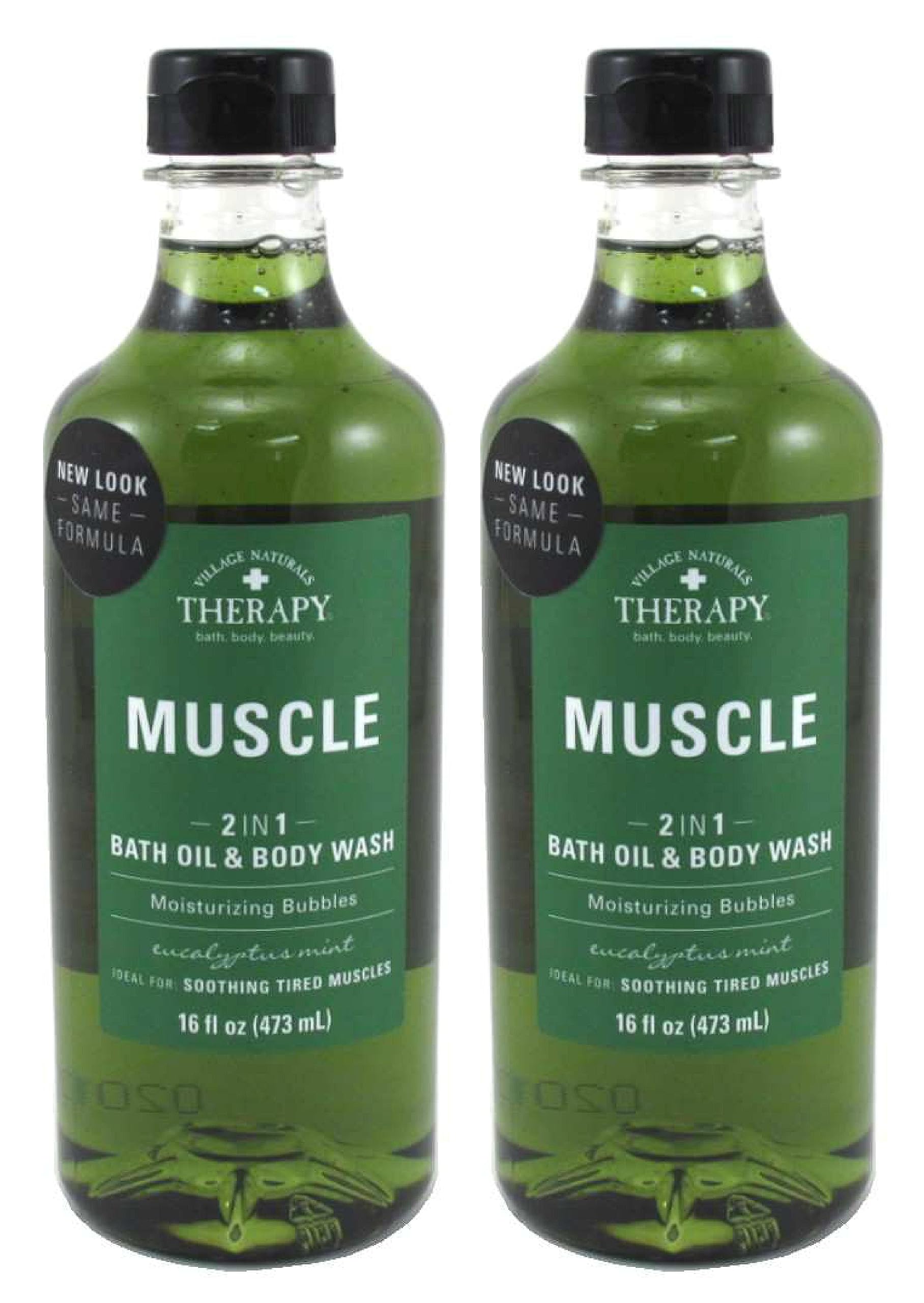 Village Naturals Therapy 2in1 muscle bath oil bottle dispense for post-workout relaxation.