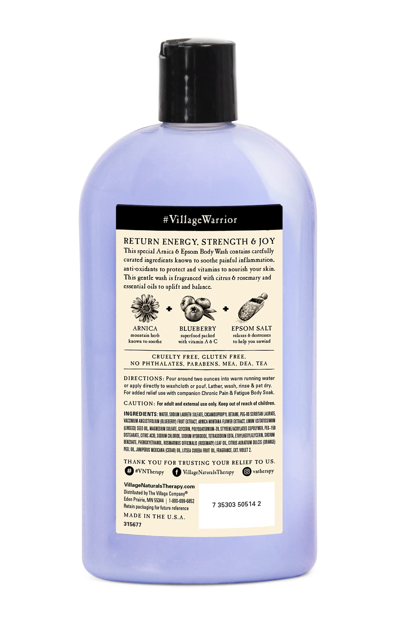 Village Naturals Therapy Arnica & Blueberry extract formula - uplifting scent on label.