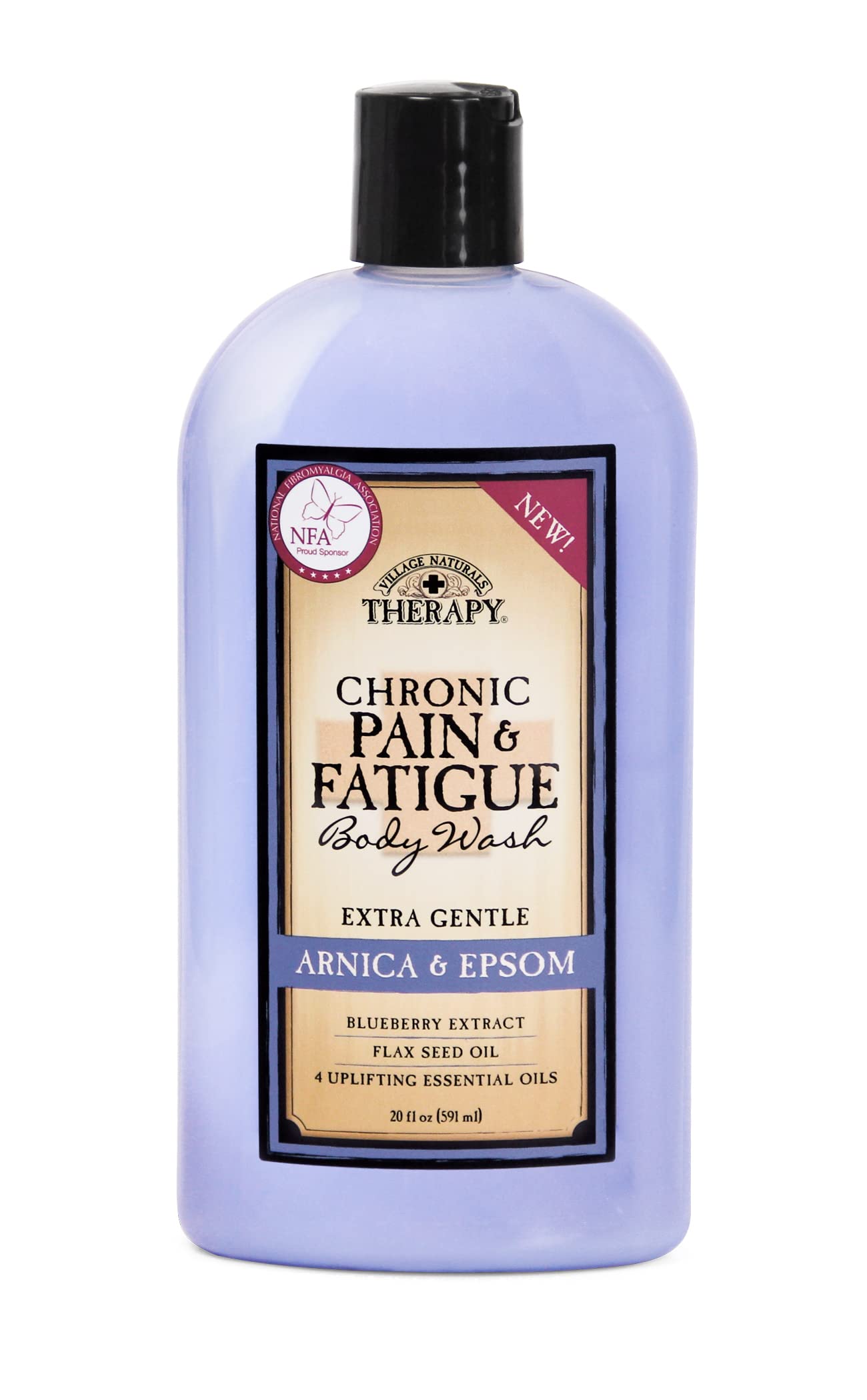 Village Naturals Therapy Arnica & Epsom body wash bottle - gentle cleanse for daily comfort.