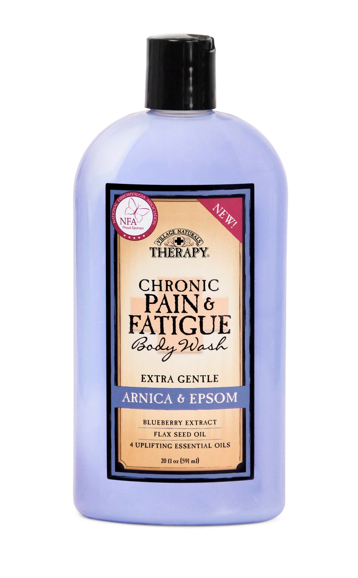 Village Naturals Therapy Arnica & Epsom body wash bottle - gentle cleanse for daily comfort.
