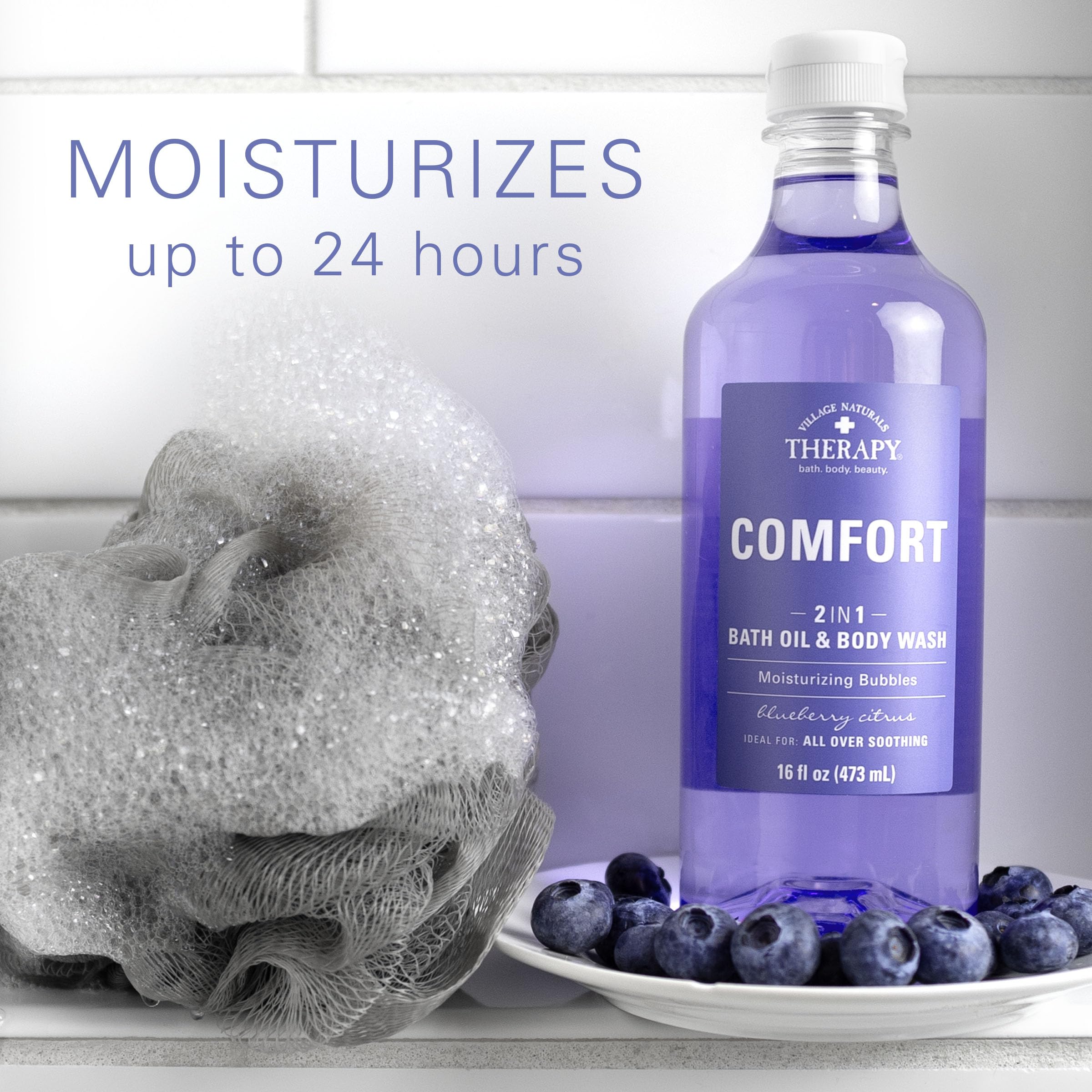 Village Naturals Therapy Comfort shower pouf lather for a refreshing cleanse.
