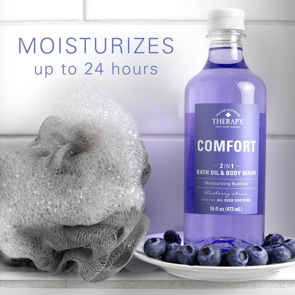 Village Naturals Therapy Comfort shower pouf lather for a refreshing cleanse.