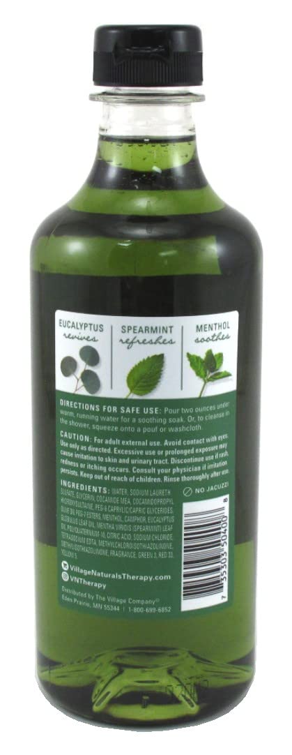Village Naturals Therapy foaming bath oil bottle with lather showcases easy cleansing and aromatherapy potential.