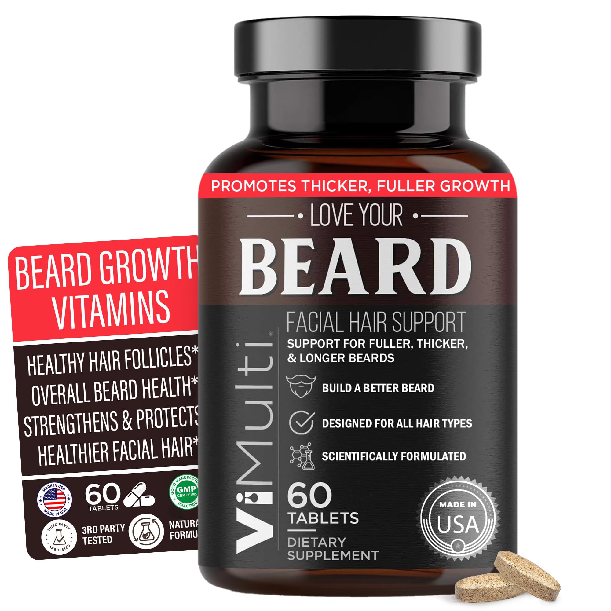 vimulti Love Your Beard Growth Vitamins bottle shows daily use for thicker facial hair.