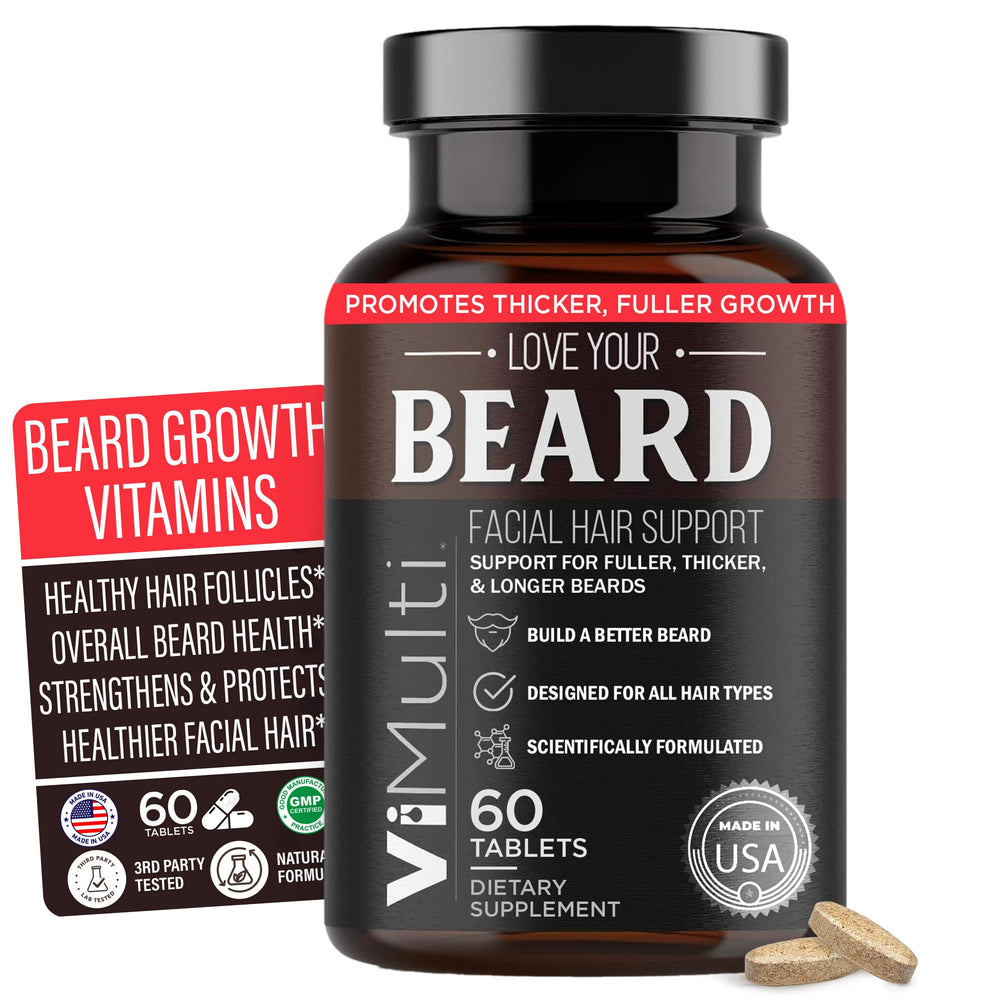 vimulti Love Your Beard Growth Vitamins bottle shows daily use for thicker facial hair.