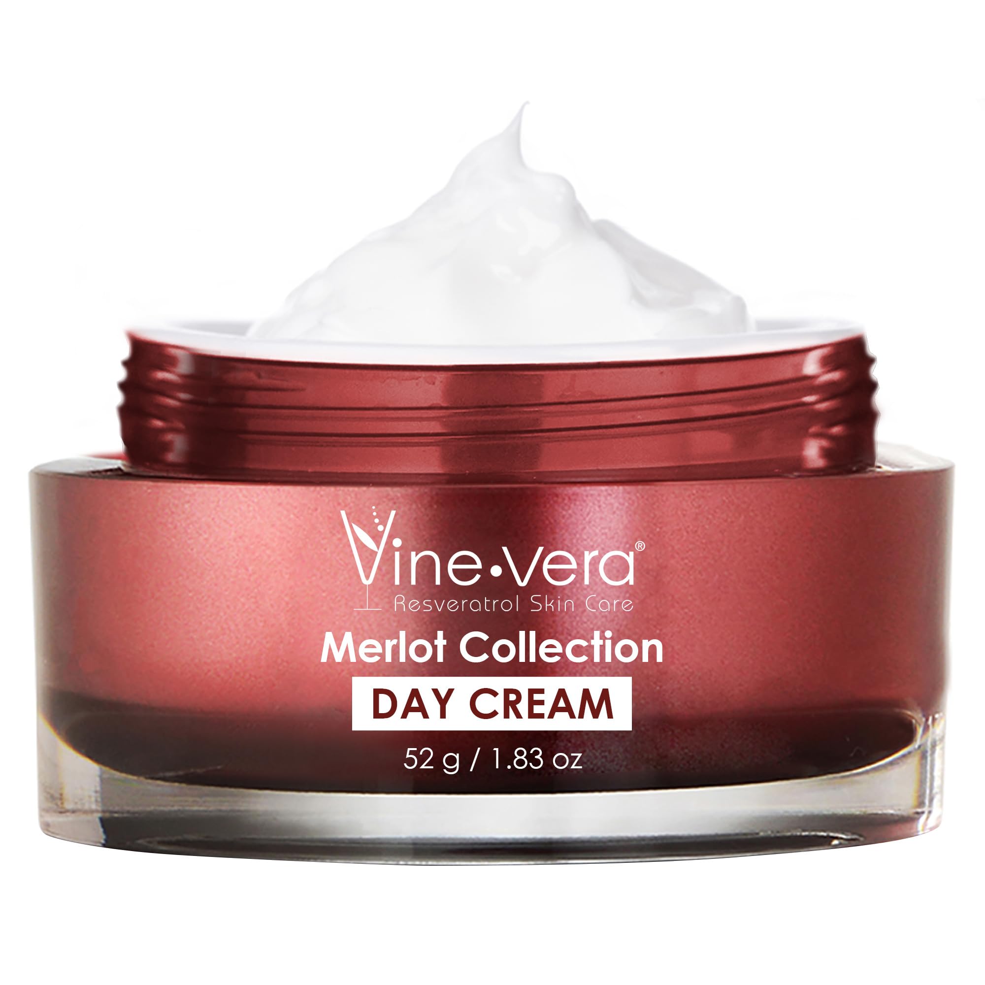 Vine Vera Merlot Day Cream bottle close-up shows hydrating formula for daily use