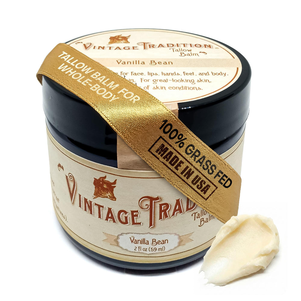 Vintage Tradition beef tallow balm 2oz tin provides deep hydration for dry skin.