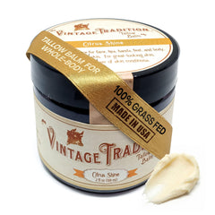 Vintage Tradition beef tallow balm jar label highlights natural ingredients and hydration.