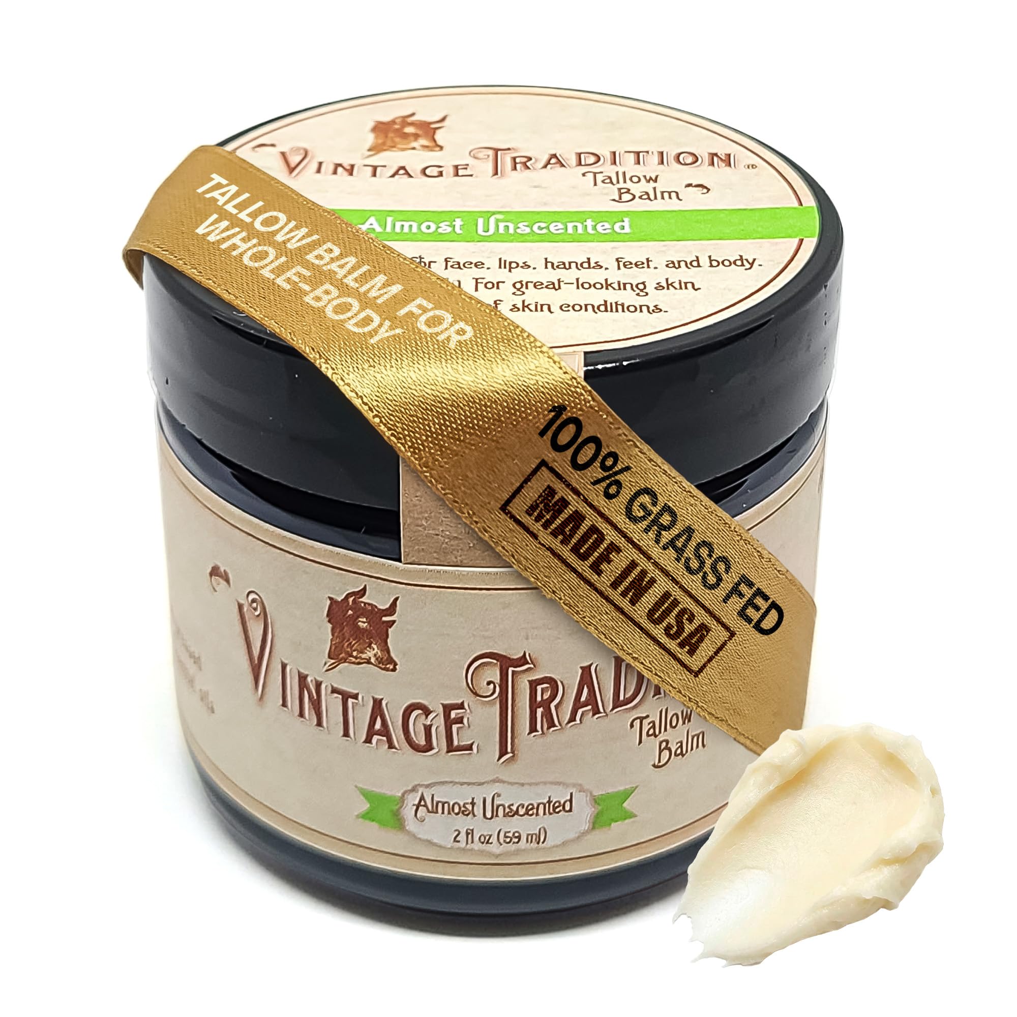 Vintage Tradition Beef Tallow Balm jar showing all-purpose skin care
