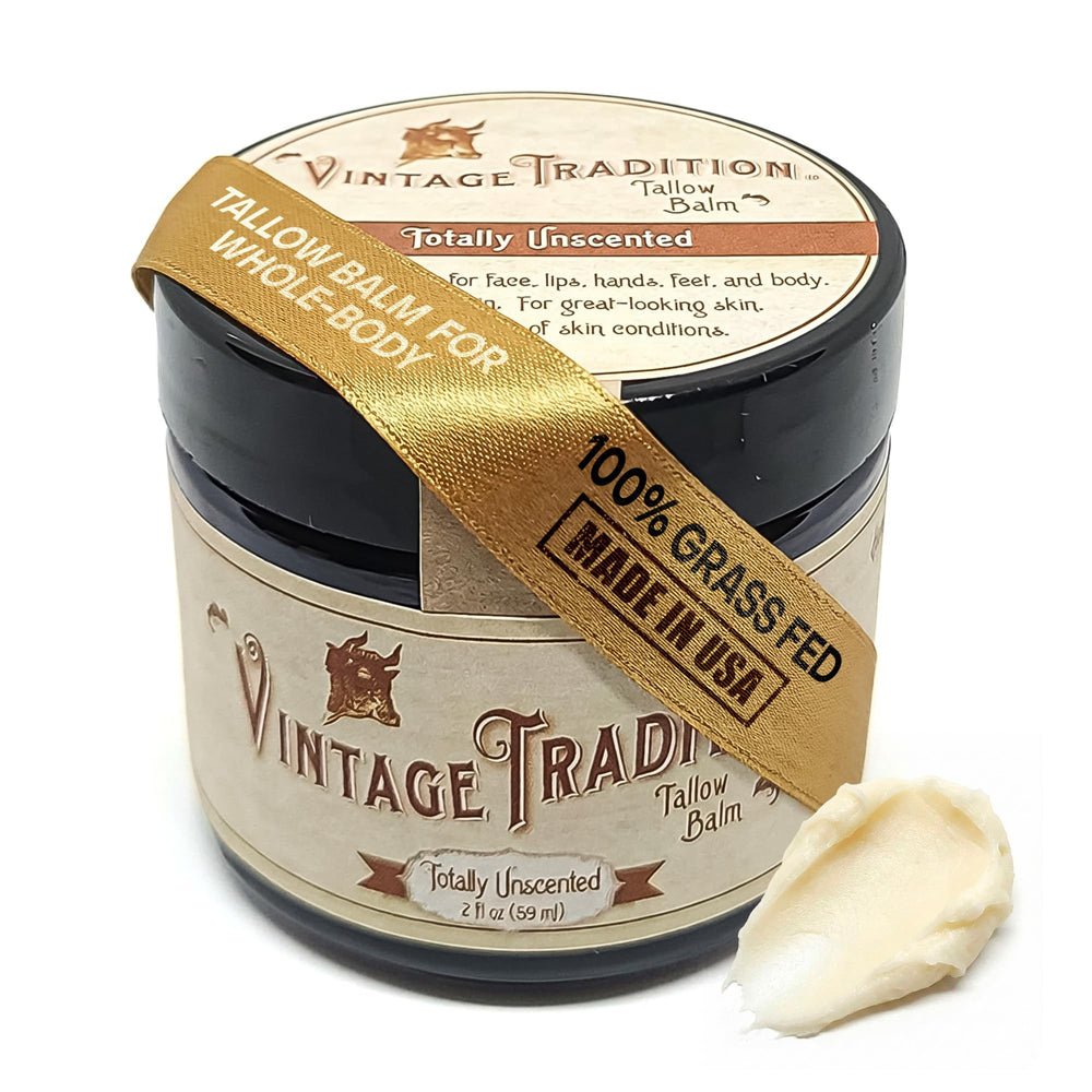 Vintage Tradition beef tallow balm unscented jar shows simple skin care for sensitive skin