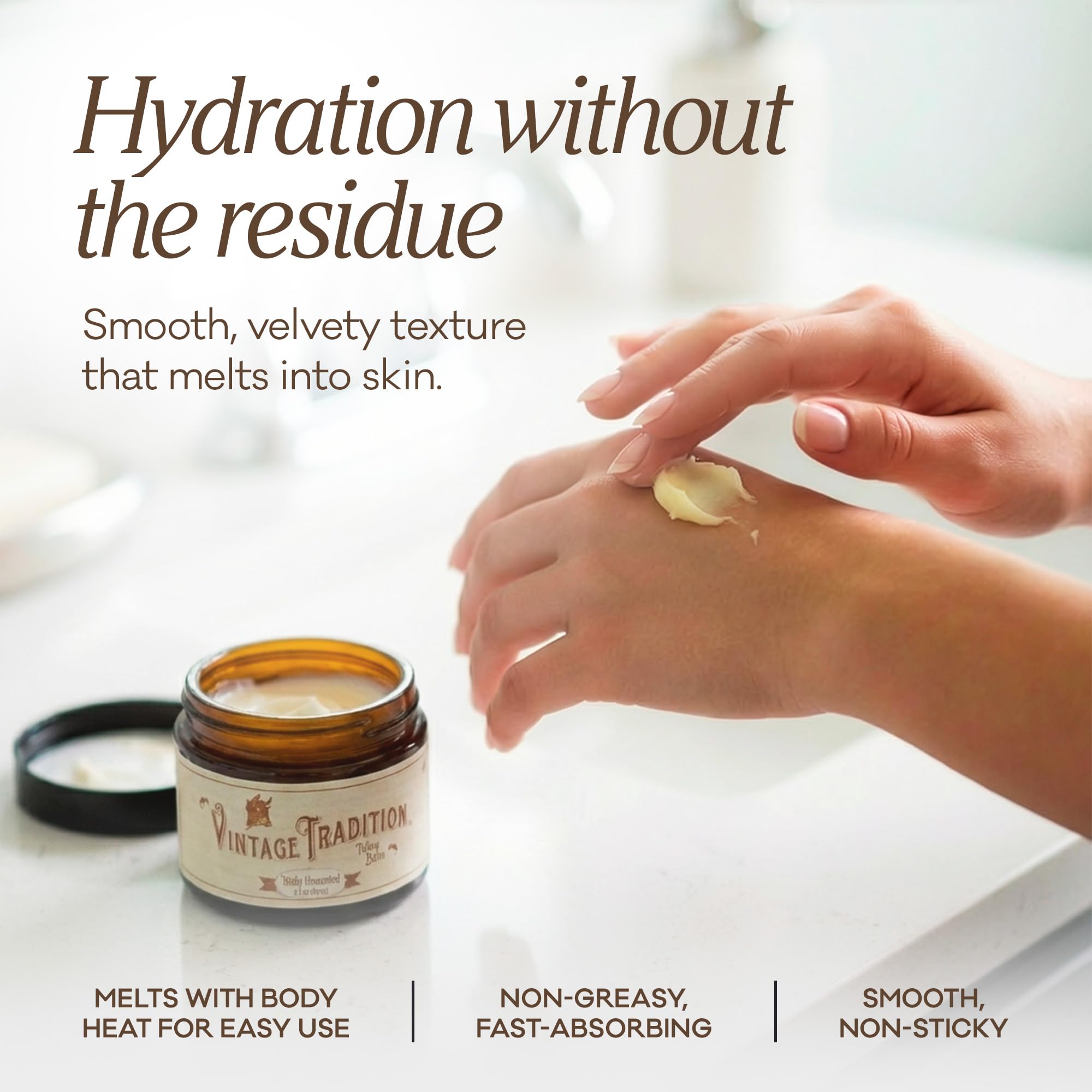 Applying balm to dry skin on hands and elbows with Vintage Tradition