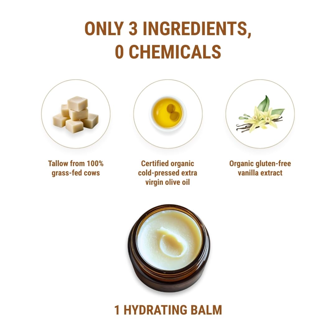 Vintage Tradition beef tallow from grass-fed cows delivers natural skin nutrients.