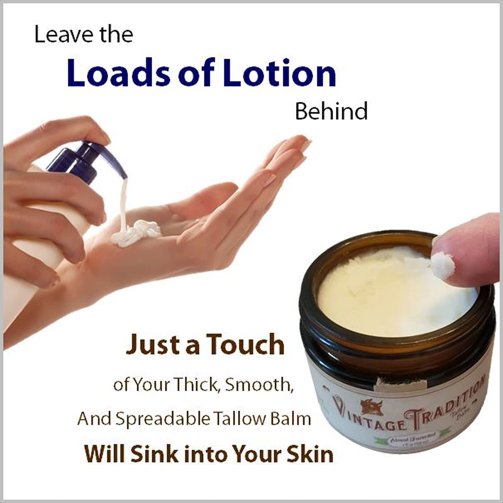 Vintage Tradition balm highlighting grass-fed cows sourcing and quality.