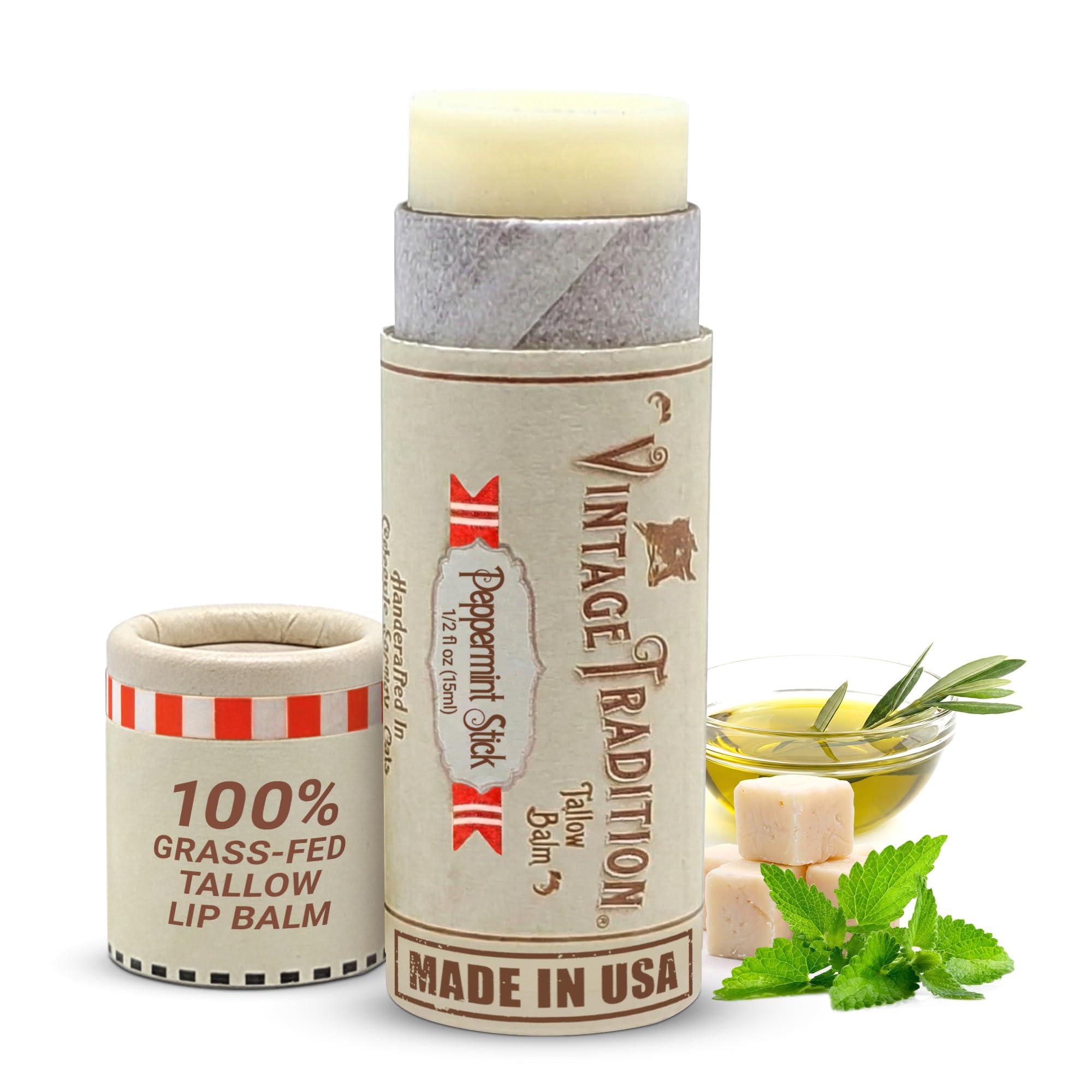 Vintage Tradition lip balm tube closeup showing peppermint hydration