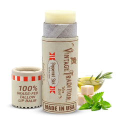 Vintage Tradition lip balm tube closeup showing peppermint hydration