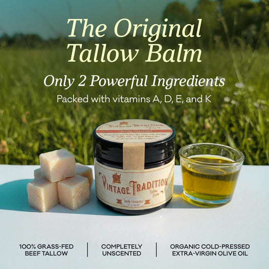Close-up of olive oil and tallow ingredients from Vintage Tradition balm