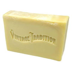 Vintage Tradition unscented olive oil balm soap bar close-up, highlighting natural ingredients for gentle skin care.