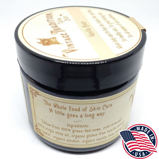 Vintage Tradition vanilla-scent balm softens skin with mild fragrance.