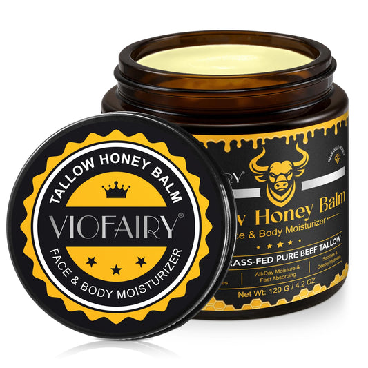 VIOFAIRY Beef Tallow Balm packaging highlights natural ingredients for healthy-looking skin.
