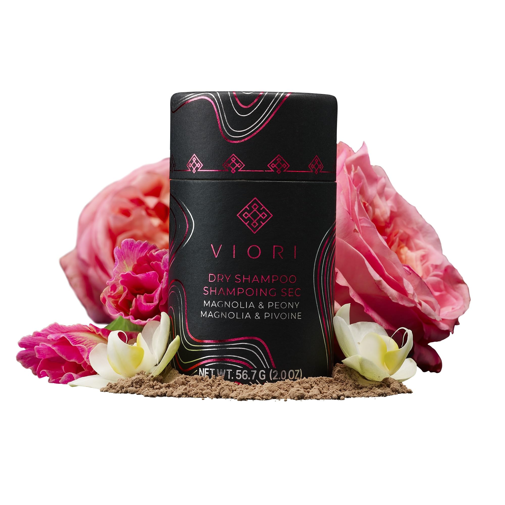 Viori dry shampoo powder magnolia peony bottle refreshes and absorbs oil for a quick boost.