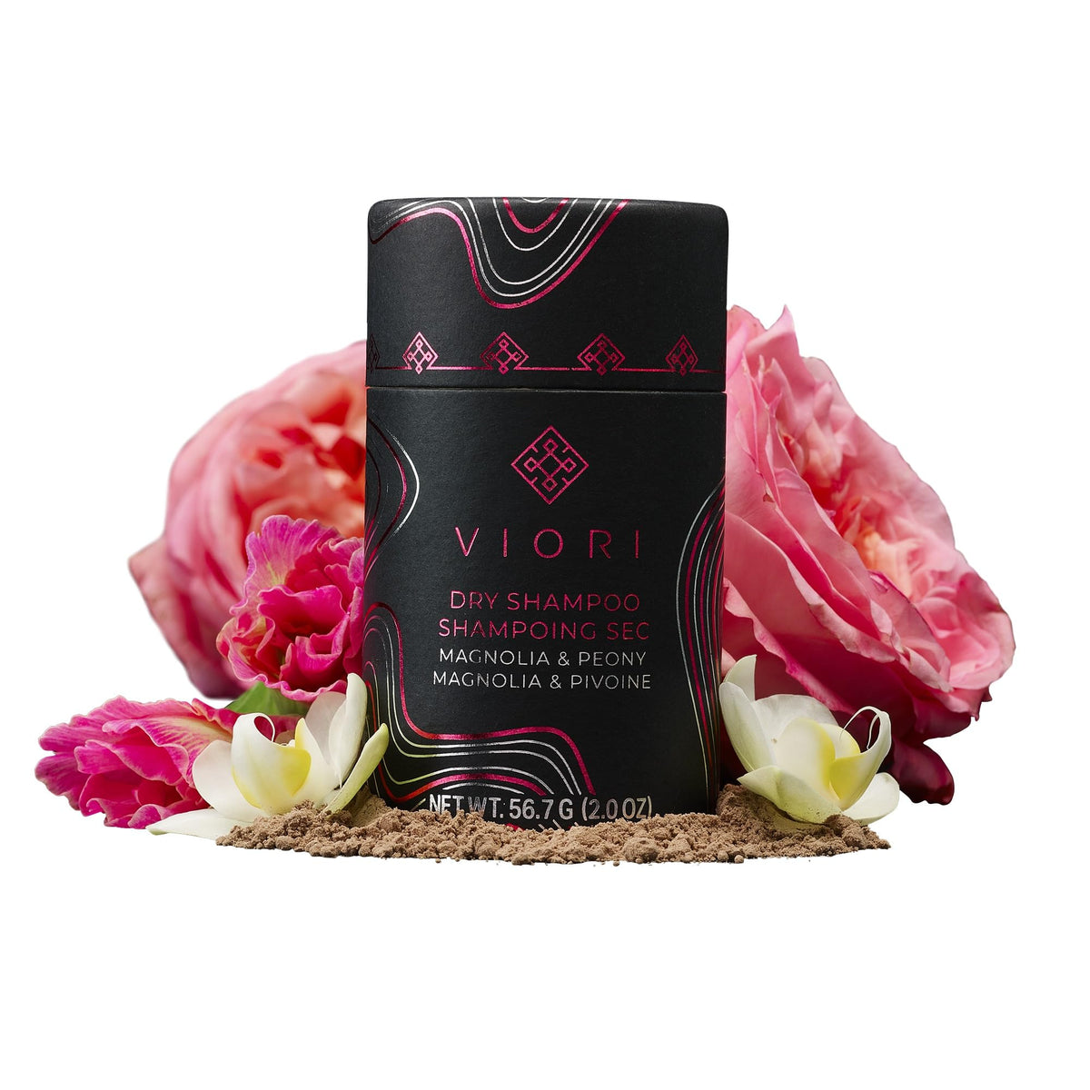 Viori dry shampoo powder magnolia peony bottle refreshes and absorbs oil for a quick boost.