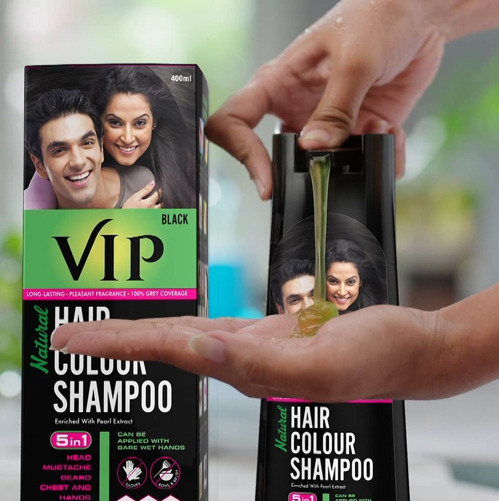 VIP Hair Colour Shampoo swatches on arm showing natural color blend