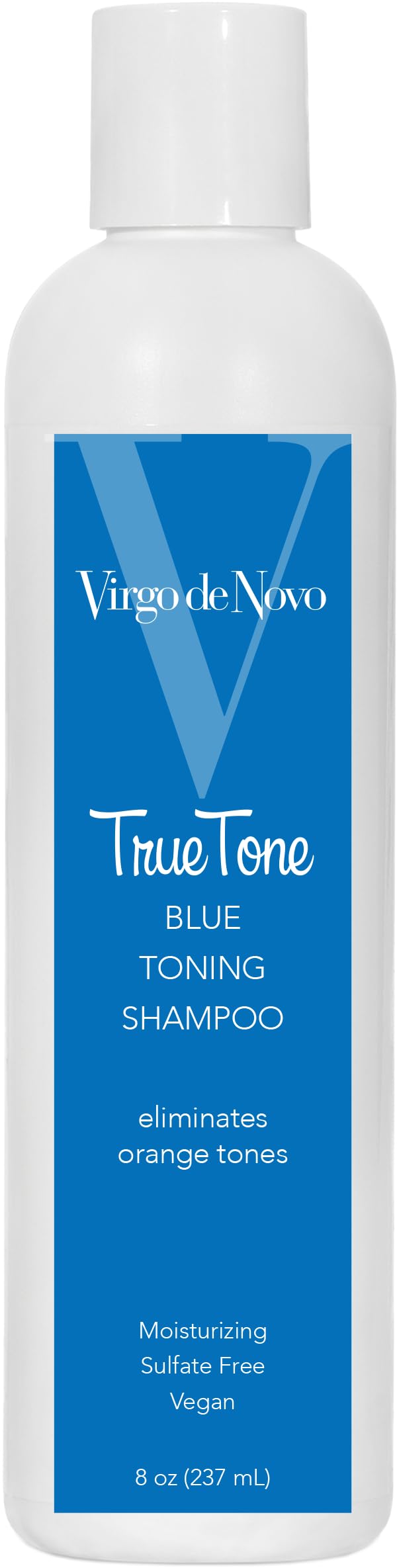 Virgo de Novo Blue Toning Shampoo bottle front neutralizes brass for cooler tones.