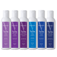 Virgo de Novo Blue Toning Shampoo bottle on shelf signals color-safe care.