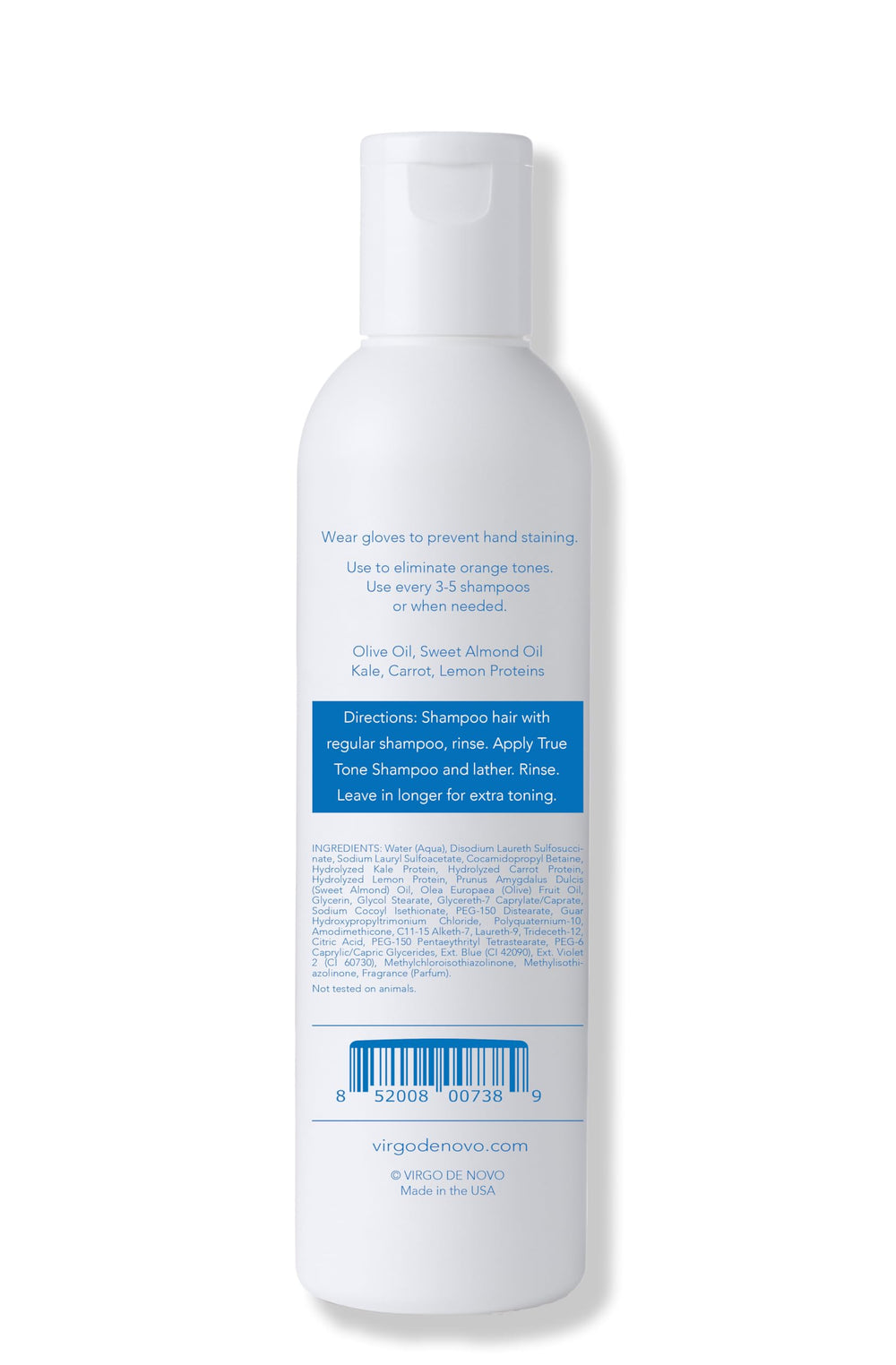 Virgo de Novo Blue Toning Shampoo pump close-up shows non-drying cleansing.