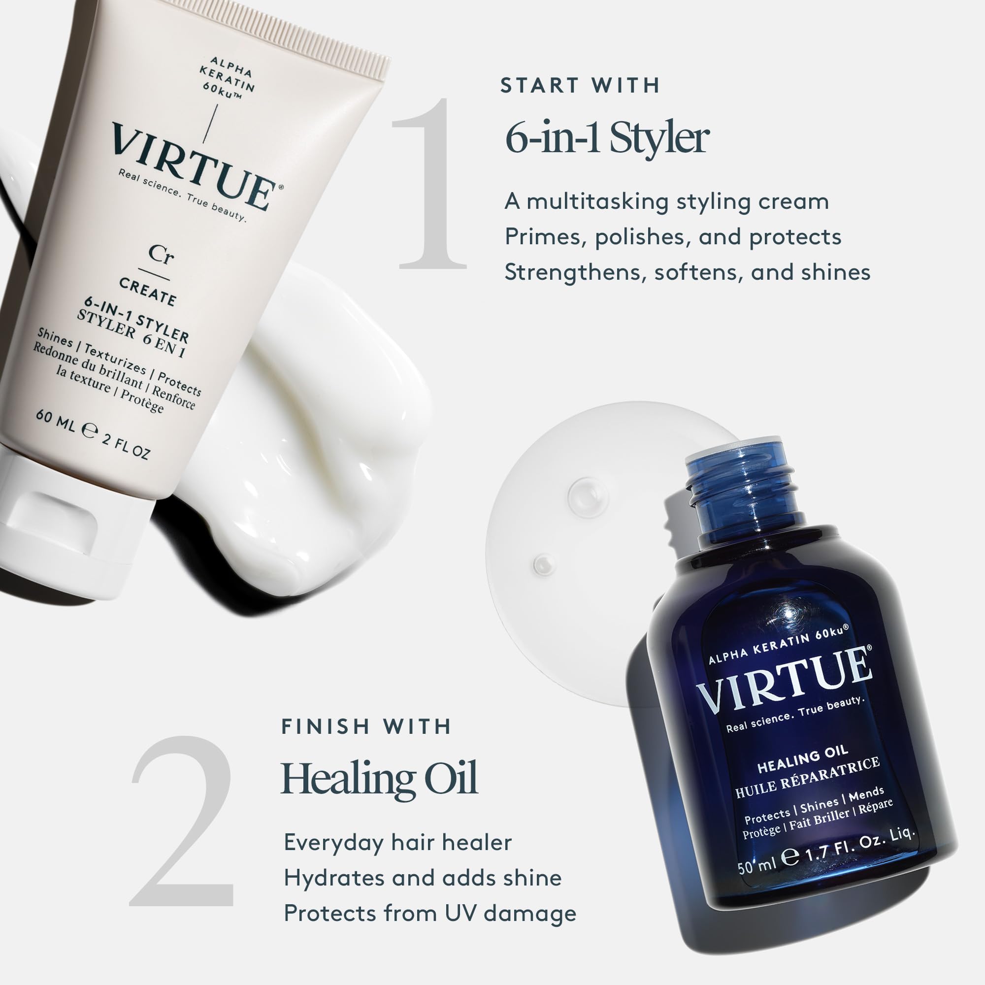 VIRTUE bundle on a vanity with oil and styler ready for use.