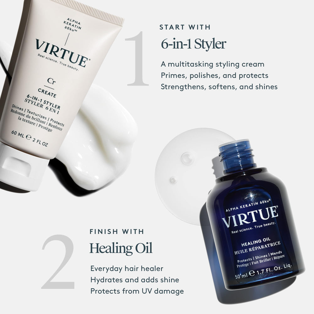 VIRTUE bundle on a vanity with oil and styler ready for use.