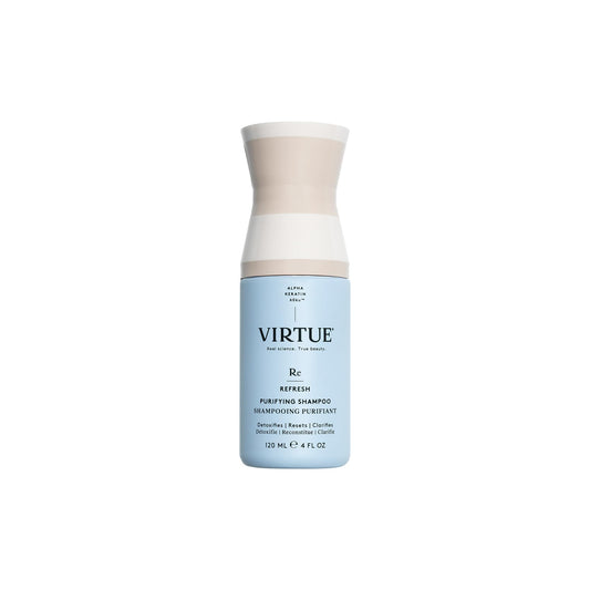 Virtue Clarifying Detox Shampoo bottle demonstrates weekly detox for buildup removal