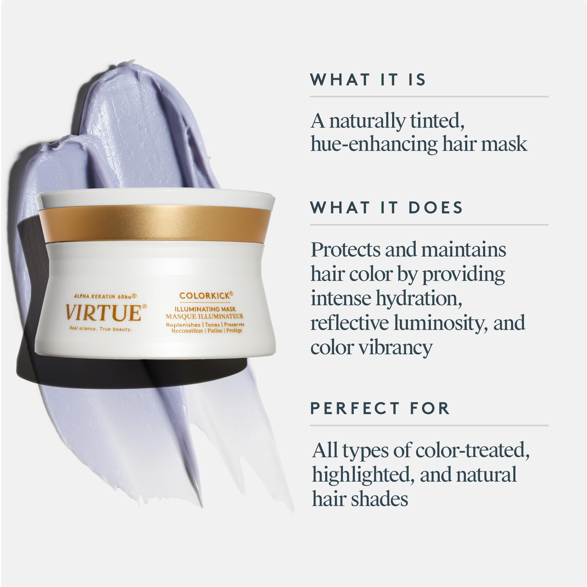 Virtue ColorKick mask texture close-up reveals silky cream and violet tint