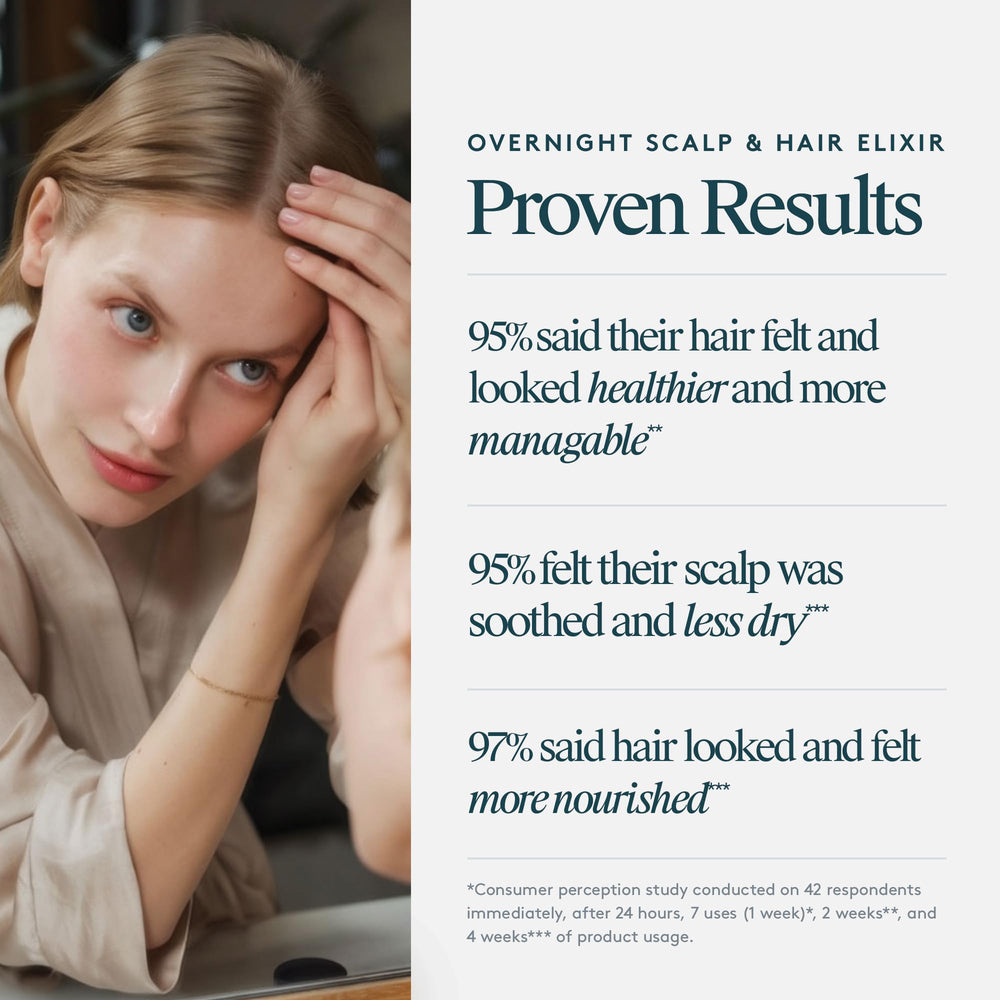 VIRTUE Correct Overnight Elixir hair-root application demonstrating nourishment and hydration.