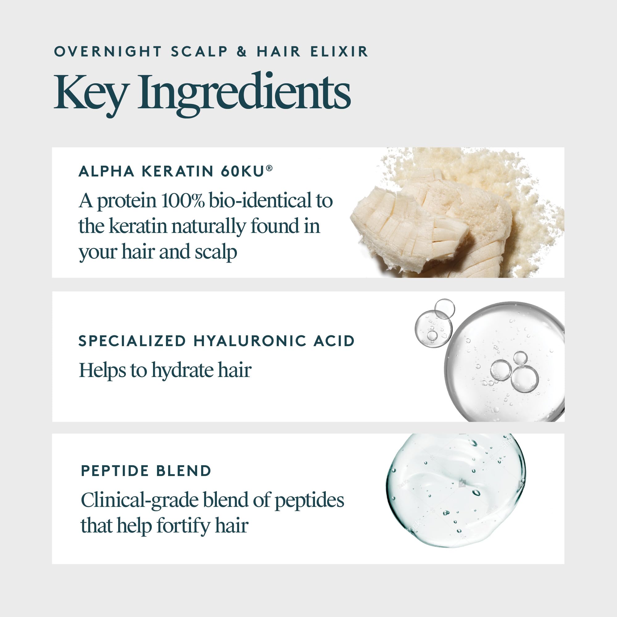 VIRTUE Correct Overnight Elixir label detail signaling dermatologist-tested, drug-free scalp care.