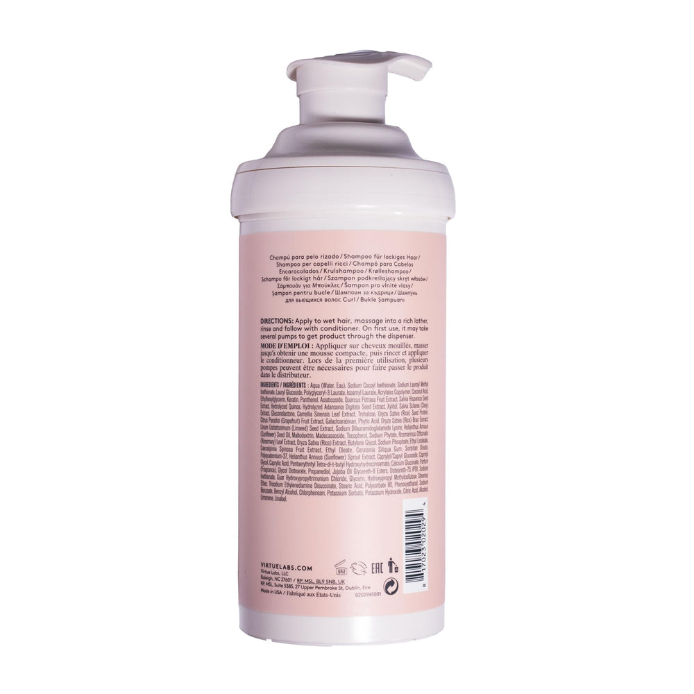 VIRTUE shampoo label closeup emphasizes vegan, silicone-free, sulfate-free clean ingredients